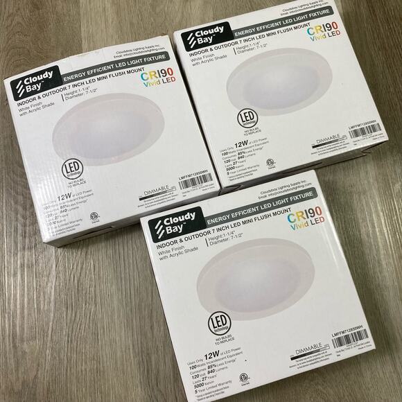 Cloudy Bay 7" LED Mini Flush Mount Light Fixture 3 Pack Indoor Outdoor CR190 - Picture 1 of 10